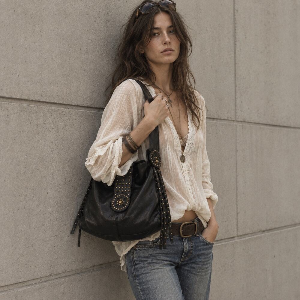 Perlina Black Genuine Leather Studded Hobo Shoulder Bag Boho